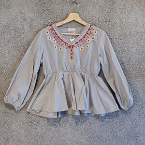 Gamiss Steel Gray Long Sleeve V-neck Embroidered Blouse NEW Sz M